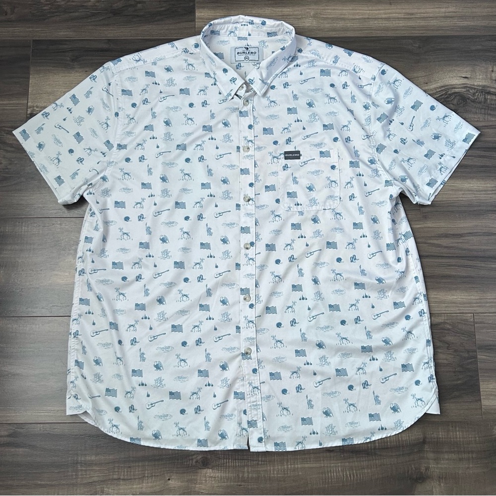 Burlebo Shirt Men’s 2XL White Blue Button Up Stretch American All Over Print - Picture 2 of 9